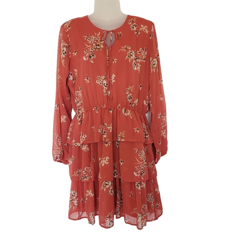 Kit + Sky Long Sleeve Dress Layered Ruffles Keyhole Neckline Size L Burnt Orange